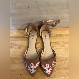 Qupid Brown Embroidered Pointed Ankle Strap Sandals